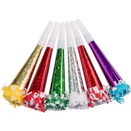 [421350] Carnival Toys - 4393 - Confezione 6 trombe in carta metallizzata con ologrammi in colori assortiti, lunghezza cm.19 ca. Ideali per la tua festa di Capodanno. L. Cm. 19 Ca. In Busta C/Cav.